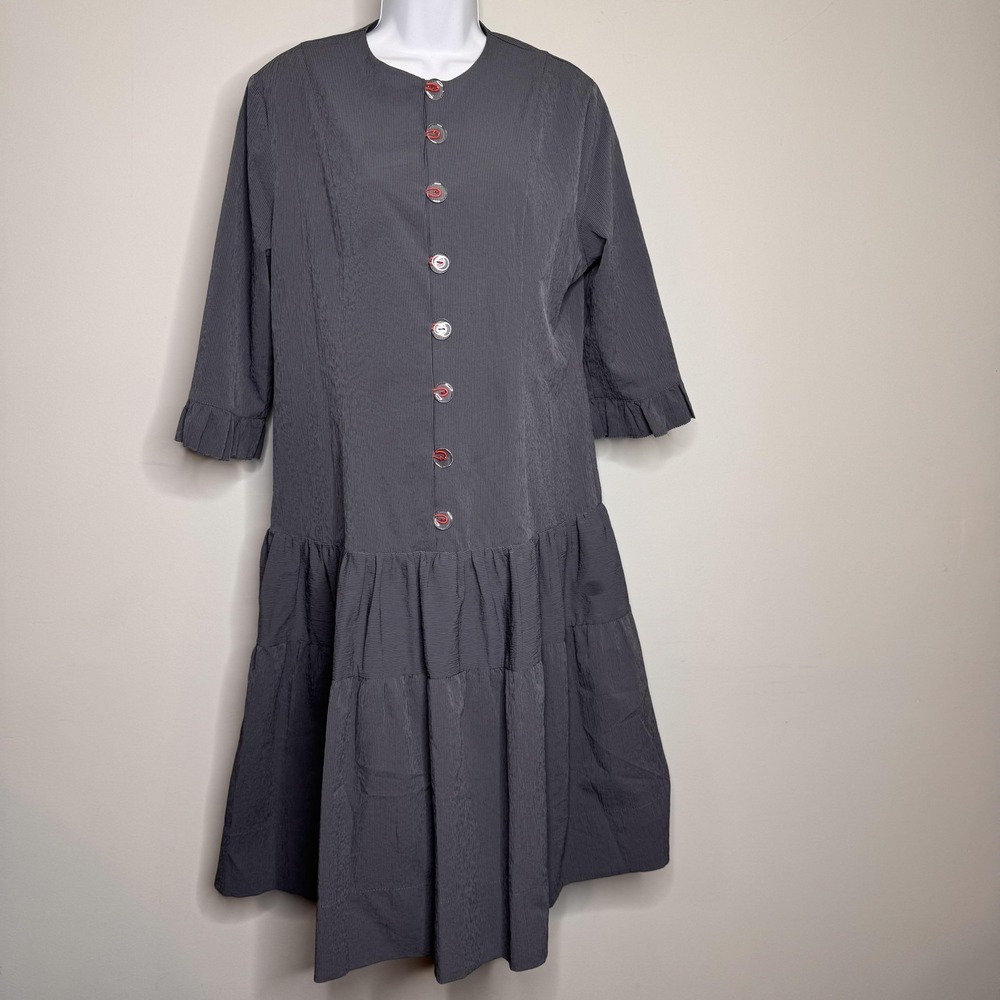 Micacara Dress Womens 12 Gray Striped Button Front Tiered Midi Shirt Swing Boho
